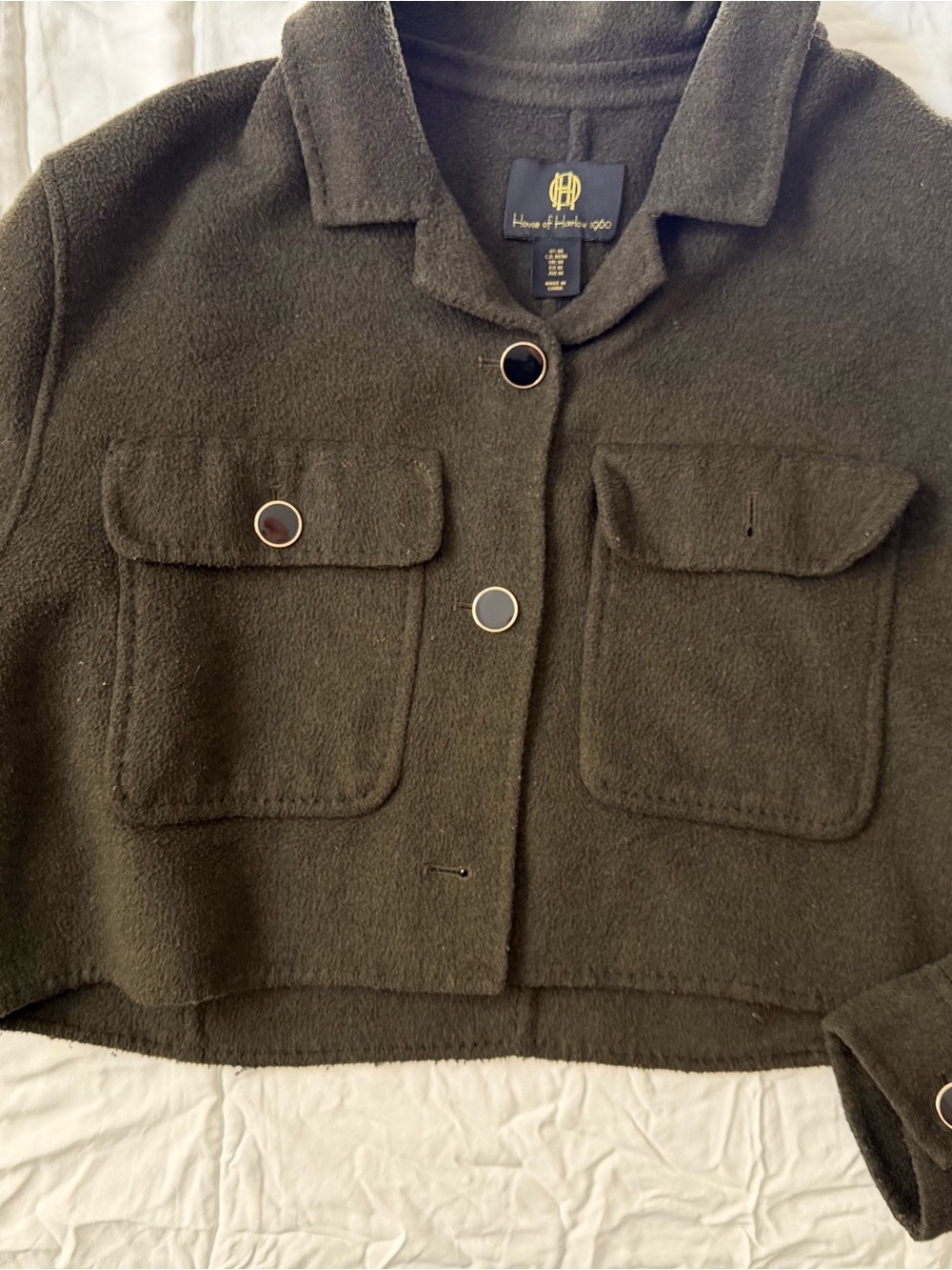 House of Harlow 1960 Olive Green Wool-Blend Pea Coat with Gold Trim